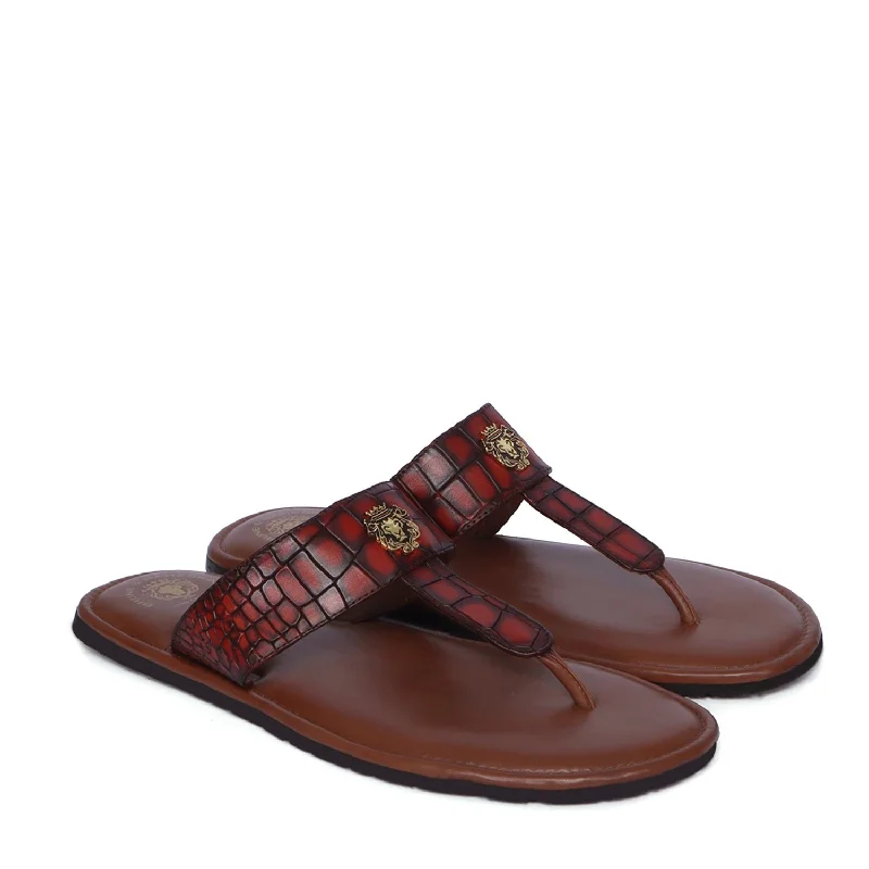 Luxe Elements Cognac T- Strap Slippers in Deep Cut Croco Textured Leather
