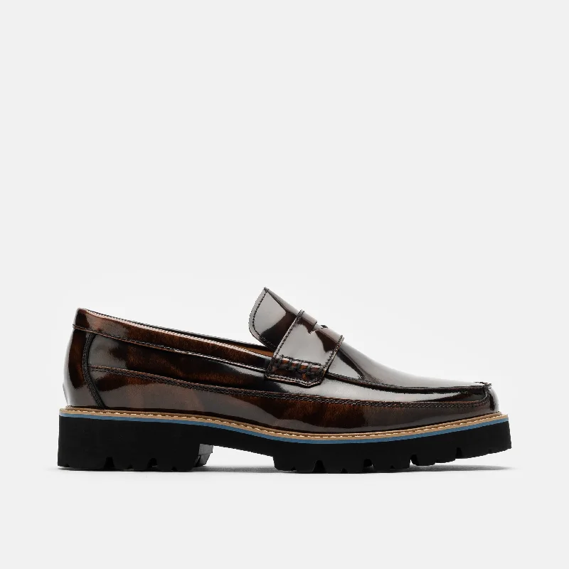 Graceful Poise Adler Mahogany Patent Leather Lug Penny Loafers