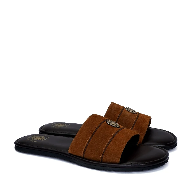 Urban Chic Contrasting Strap Slide-in Slippers with Orange Suede Leather by BRUNE & BARESKIN
