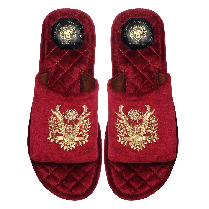 Sleek Sophistication Quilted Base Slide-in Slippers with Crown Eagle Zardosi on Red Velvet