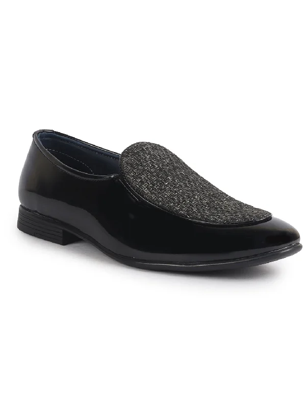 Refined Details Men Black Patent Leather Hand Knitted Design Party Slip On Shoes|Ethnic Slip On Shoes|Lightweight Shoe