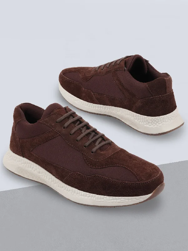 Unique Patterns Men Brown Suede Leather Lace Up Casual Sneaker Shoes