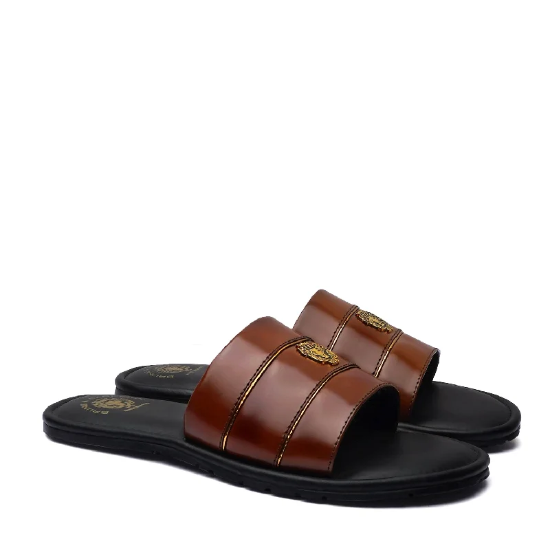 Bold Flair Brown Brush Off Leather Slide-In Slippers with Signature Metal Lion