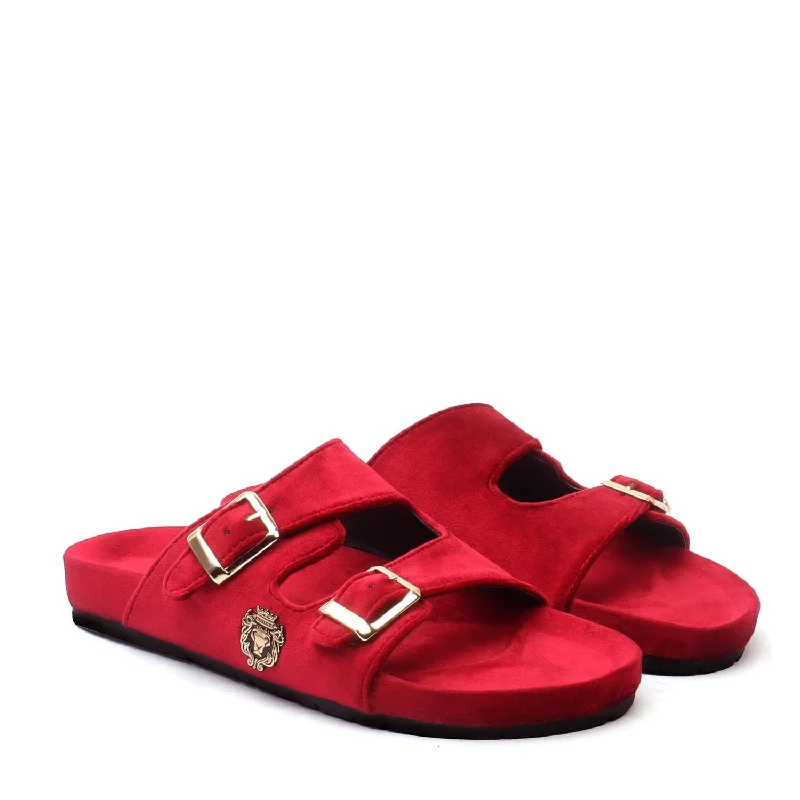 Edgy Look Red Italian Velvet Slippers with Adjustable Buckle Strap