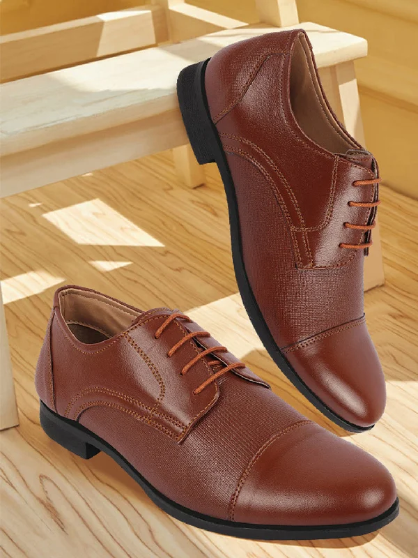 High-End Aesthetic Men Tan Formal Office Textured Design Cap Toe Genuine Leather Lace Up Shoes