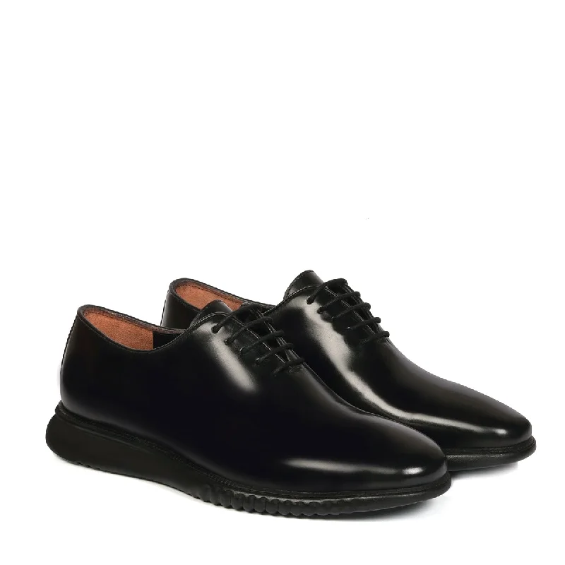 Street Style Black Light Weight Leather Oxford Lace-Up Sneakers