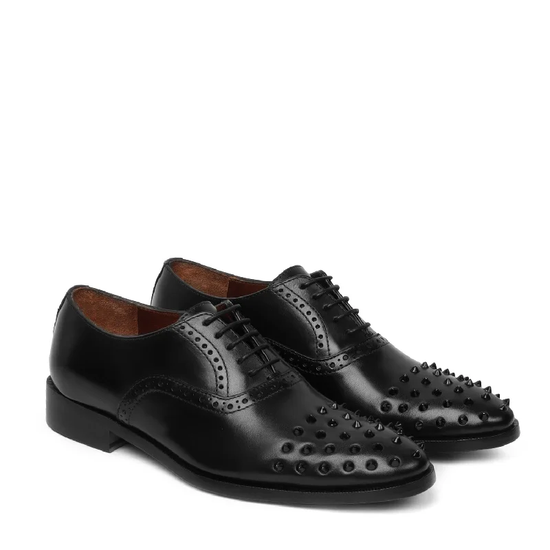 Refined Details Men's Black Quarter Brogue Oxford Leather Shoes with Studded Toe by Brune & Bareskin