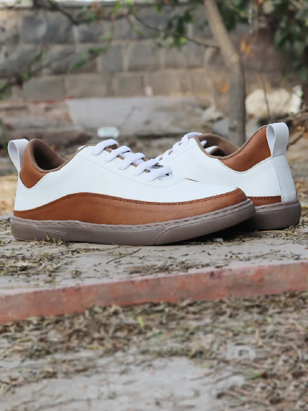 Luxe Sensation Men White/Tan Lace Up Colorblocked Sneakers