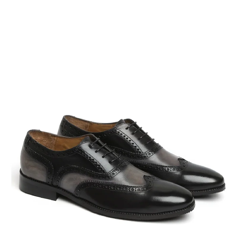 Casual Comfort Grey Black Formal Shoe In Dual Tone Punching Brogue Leather Oxford Lace-Up