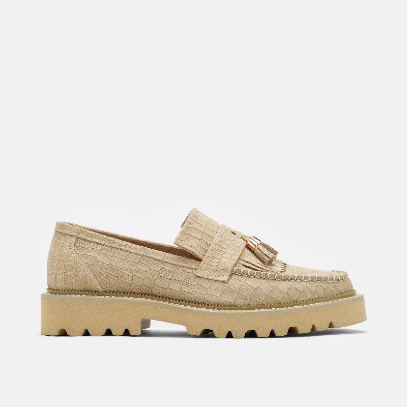 Glam Statement Journey Tan Croc Suede Lug Tassel Loafer