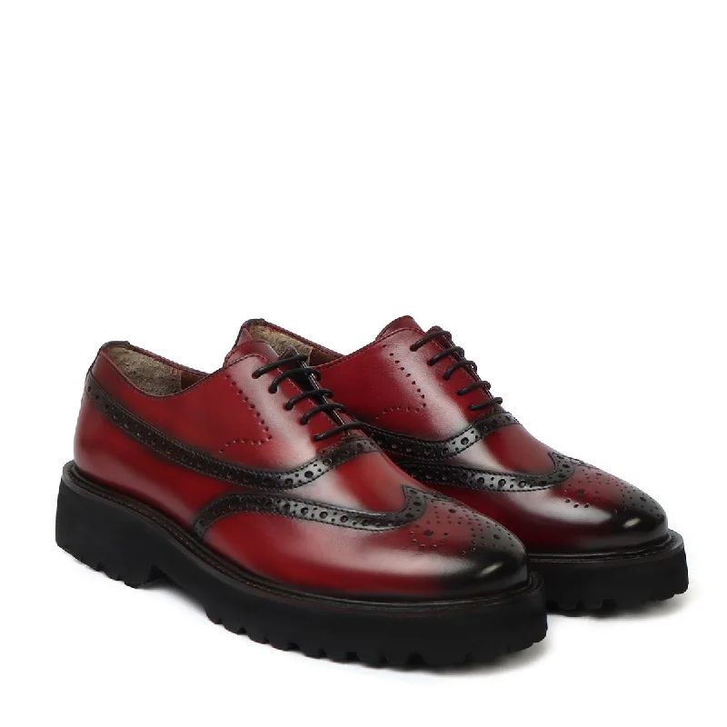 Statement Elegance Wine Full Punching Brogue Wingtip Light Weight Lug Sole Oxford Boot by Brune & Bareskin
