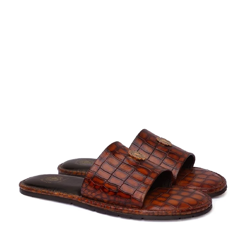 Graceful Charm Tan Leather Slide-In-Slippers