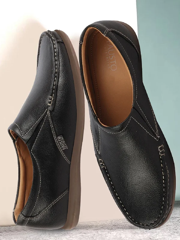 Unique Texture Men Black Side Stitched Casual Comfort Slip On Loafer Shoes