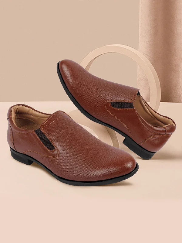 Romantic Detailing Men Tan Formal Office Textured Design Side Stitched Genuine Leather Slip On Shoes