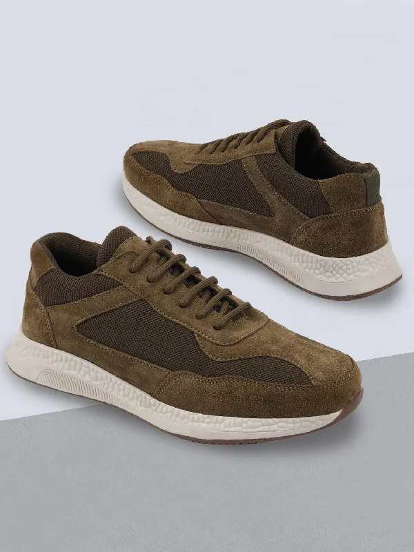 Romantic Detailing Men Olive Suede Leather Lace Up Casual Sneaker Shoes