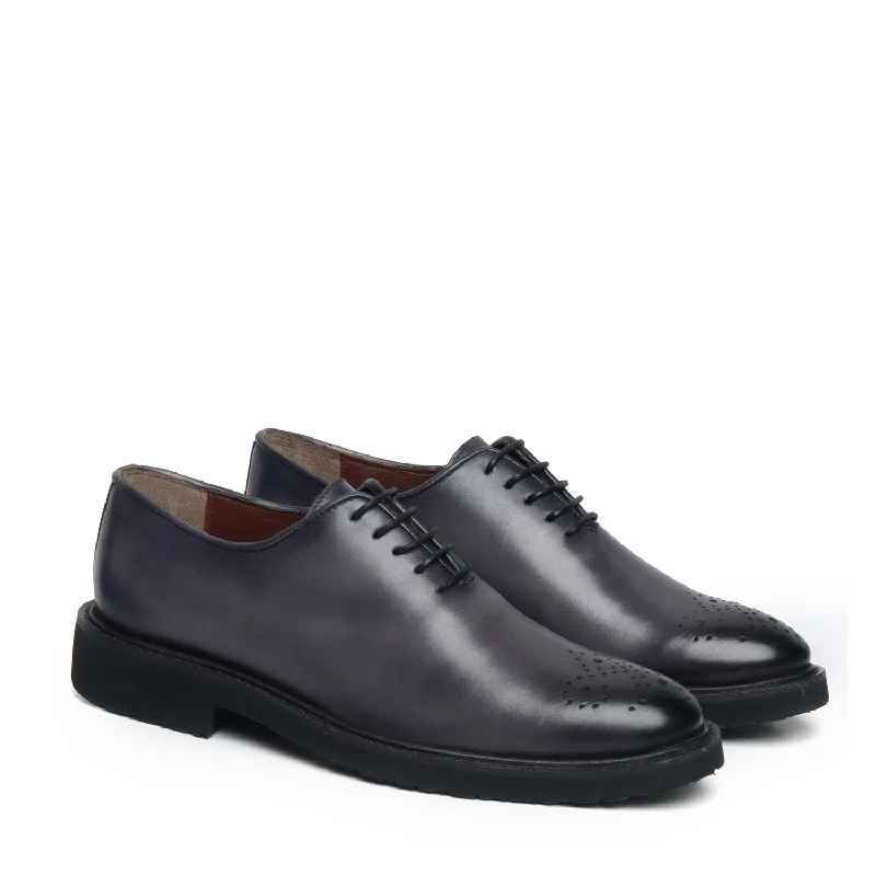 Fashion Icon Lightweight Oxford Shoes Grey Leather Whole Cut/One Piece Medallion Toe By Brune & Bareskin