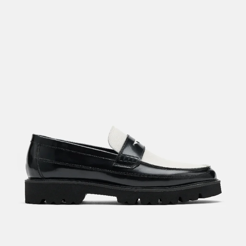 Art Deco Adler Black/White Leather Lug Penny Loafers