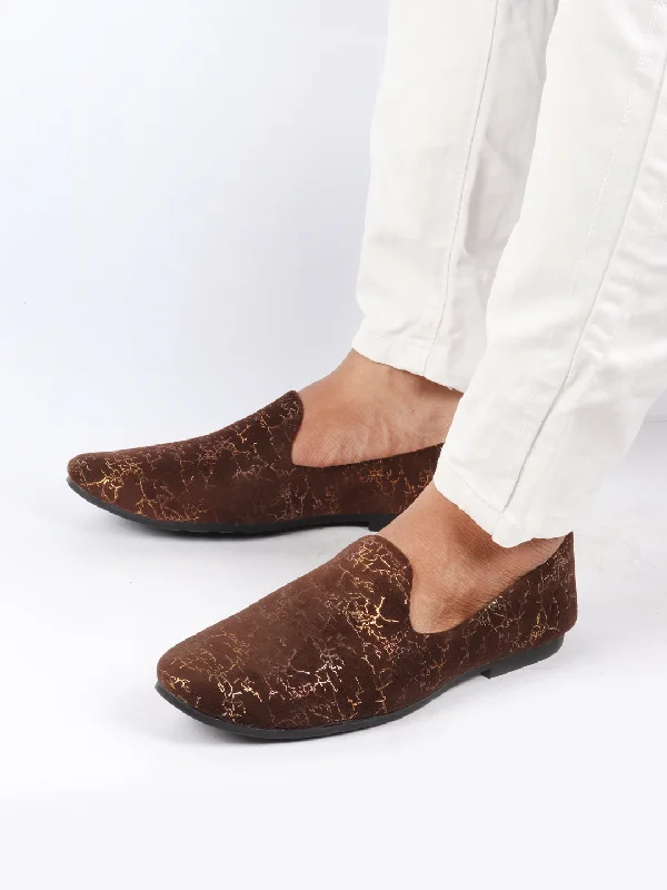 Sophisticated Appeal Men Brown Velvet Printed Design Ethnic Wedding Party Prom Slip On Loafer Shoes