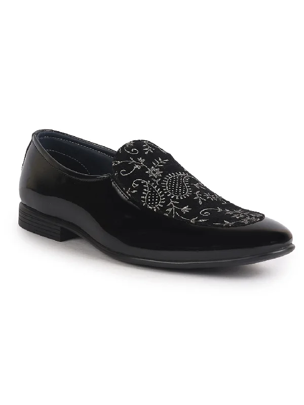 Luxury Touch Men Black Velvet Patent Leather Floral Print Classic Party Slip On Shoes|Wedding Shoes|Lightweight Shoes