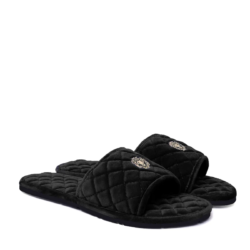 Unique Texture Super Soft Slide-in Slippers in Black Italian Velvet