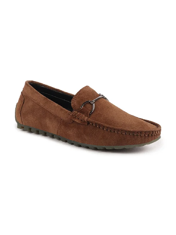 Elegant Design Men Camel Horsebit Buckle Suede Leather Slip On Driving Loafers