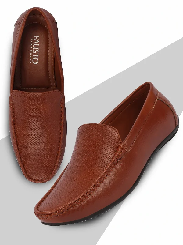 Statement Piece Basics Men Tan Textured Print Side Stitched Casual Slip On Loafers and Moccasin Shoes