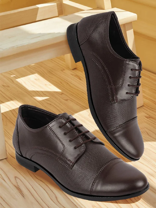 City Chic Men Brown Formal Office Textured Design Cap Toe Genuine Leather Lace Up Shoes