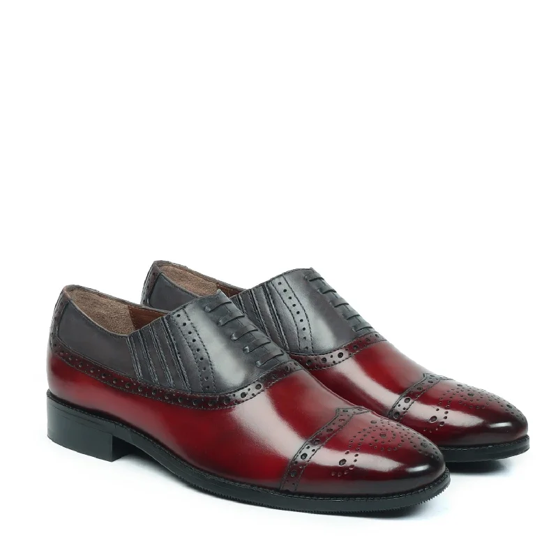 Luxury Touch Dual Tone Grey Red Lazy Man Stylish Wingtip Punching Brogues with Fixed Lace Oxfords by Brune & Bareskin