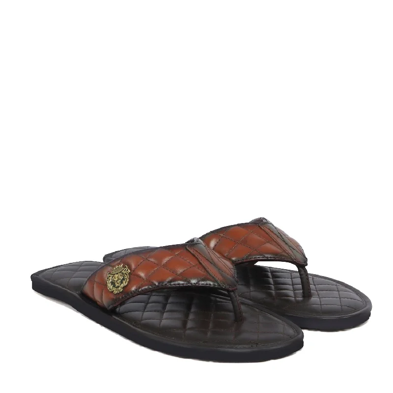 Exotic Prints Tan Contrasting V-Strap Leather Slippers