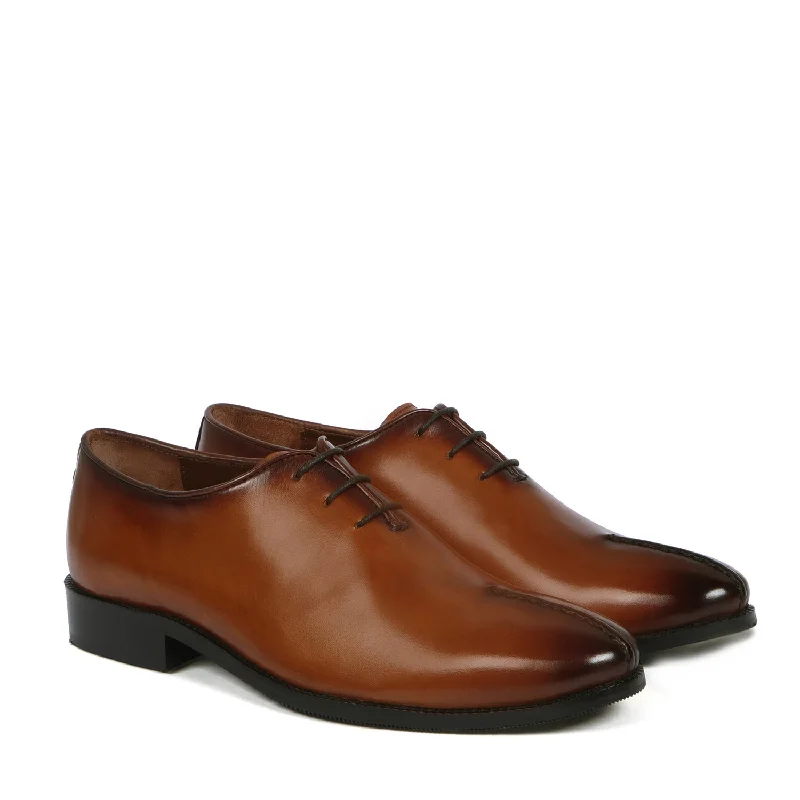 Elegant Accents Mid Stitched 3-Lace Oxford Shoes in One Piece Whole Cut Tan Leather By Brune & Bareskin
