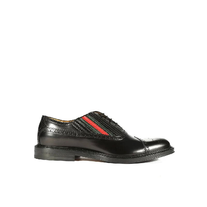 Stylish Accent Gucci 547592 0GQ30 1078 Men's Shoes Black Calf-Skin Leather Cap-Toe Oxfords (GGM1719)