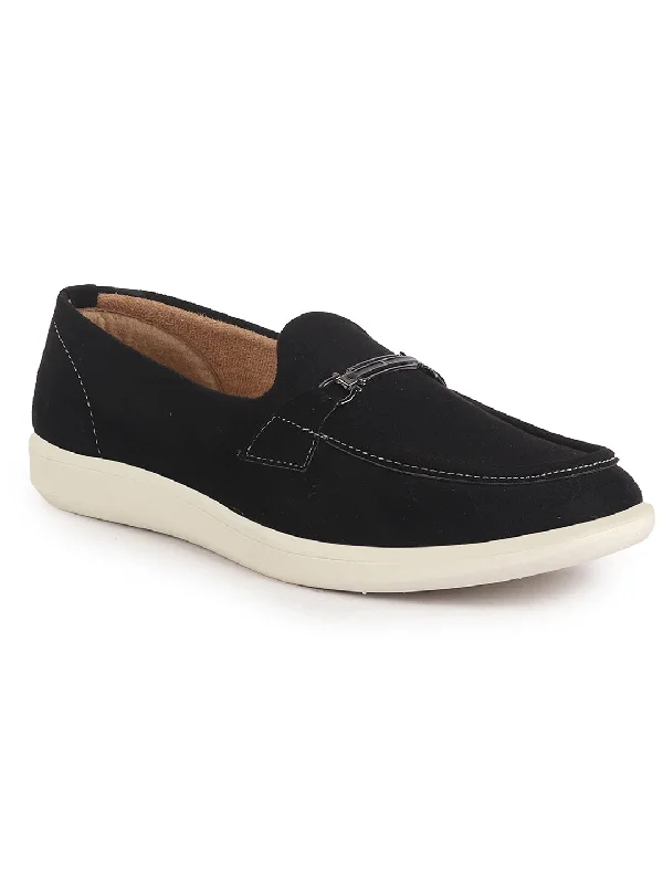 Retro Vibes Men Black Suede Classic Ultra Light Comfort Horsebit Buckle Slip On Casual Loafer Shoes|Memory Cushion Insole|EVA Slip On Shoe