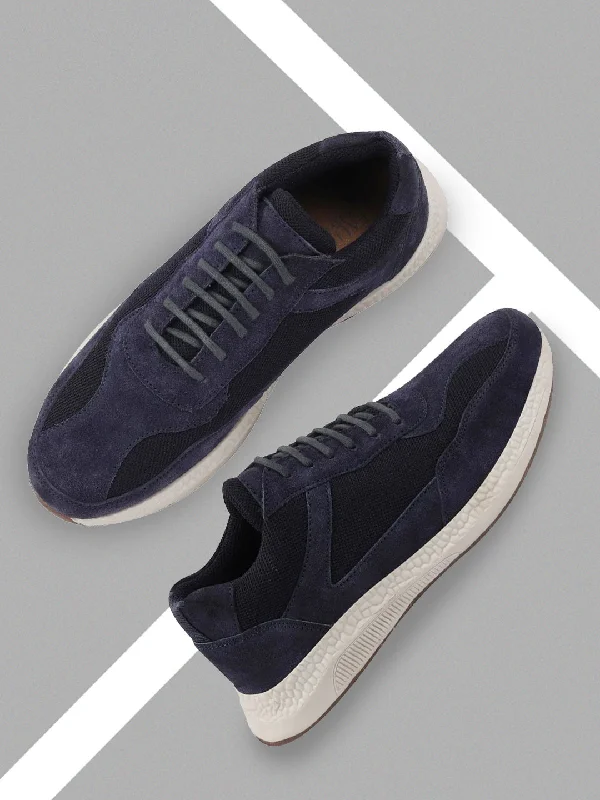 Couture Look Men Navy Blue Suede Leather Lace Up Casual Sneaker Shoes