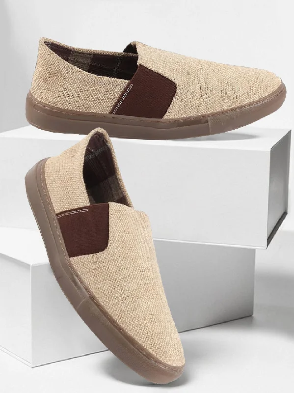 Edgy Look Men Beige Colorblocked Classic Jute/Fabric Slip On Canvas Sneaker Slip On Casual Shoes
