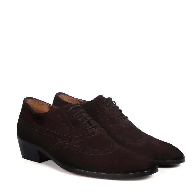Runway Ready Exclusive Long Tail Brogue Cuban Heel Suede Dark Brown Leather Lace Up Formal Shoes For Men by Brune & Bareskin