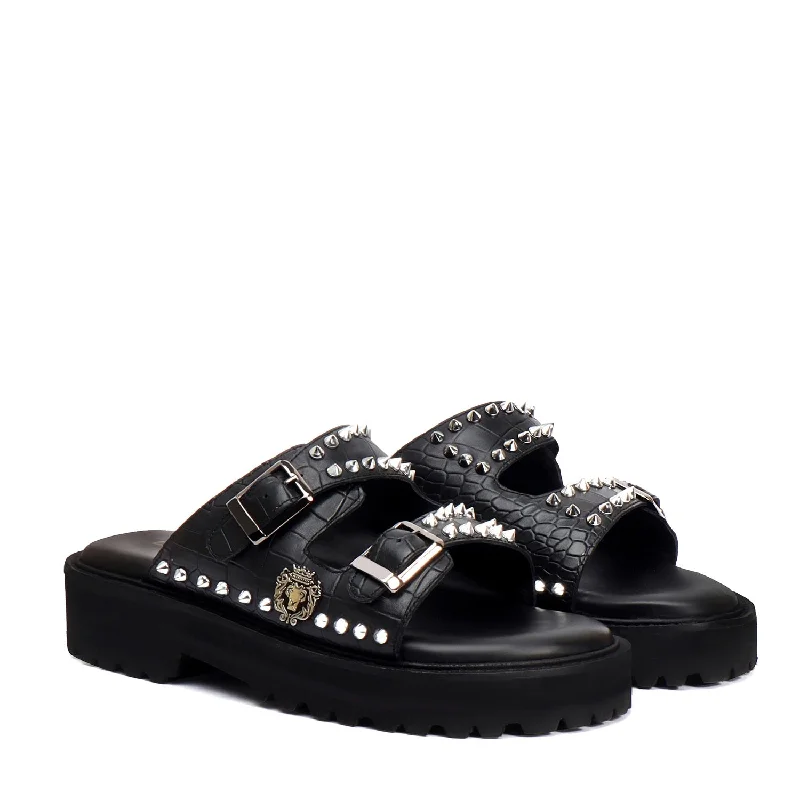 Refined Details Studded Slide-in Slippers with Chunky Sole in Black Cut Croco Leather Detailing