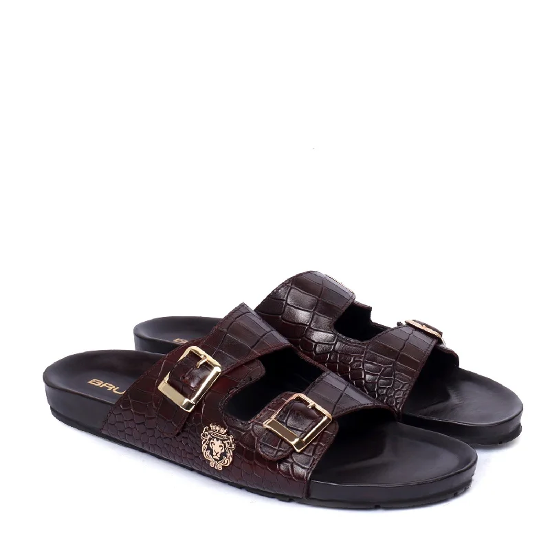 Luxe Influence Footbed Slippers in Dark Brown Croco Textured Leather
