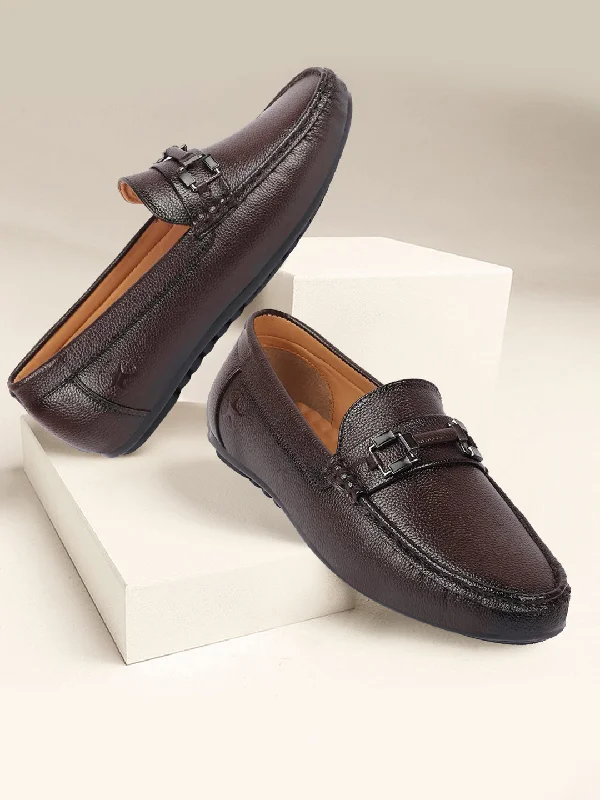 Modern Elegance Men Brown Textured Design Horsebit Buckle Casual Classic Slip On Moccasins and Loafers