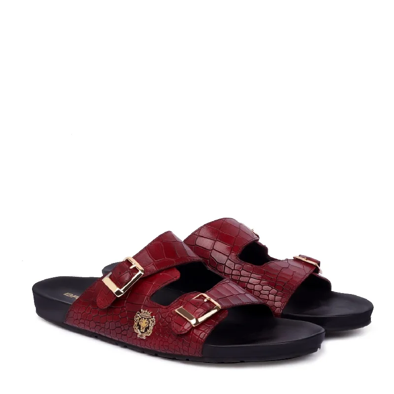 Classic Look Adjustable Buckle Slipper in Wine Deep Cut Leather