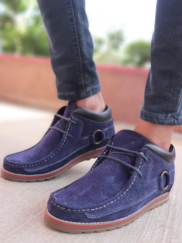 Aesthetic Appeal Men Navy Blue Suede Leather Mid Ankle Lace Up Casual Shoes