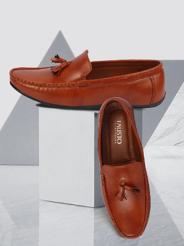 Contemporary Chic Basics Men Tan Side Stitched Casual Slip On Tassel Loafers and Moccasin Shoes