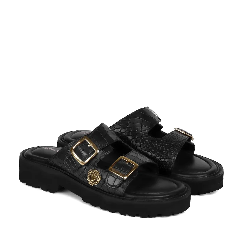 Glam Touch Chunky Sole Slide-in Slippers in Black Cut Croco Textured Leather