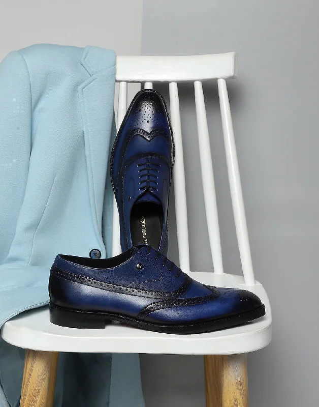 Vintage Style Men Navy Blue Lace Up Genuine Leather Formal Brogues