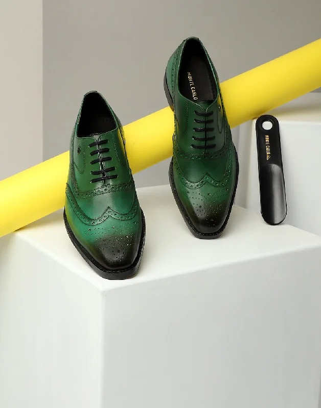 Soft Texture Men Green Lace Up Genuine Leather Formal Brogues