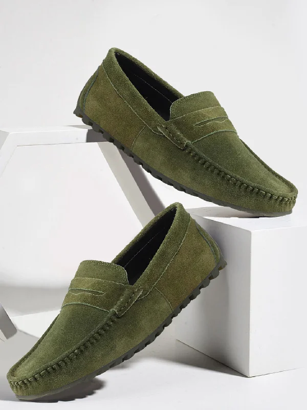 Bold Detailing Men Mehandi Suede Leather Side Stitched Slip On Driving Loafers and Mocassin