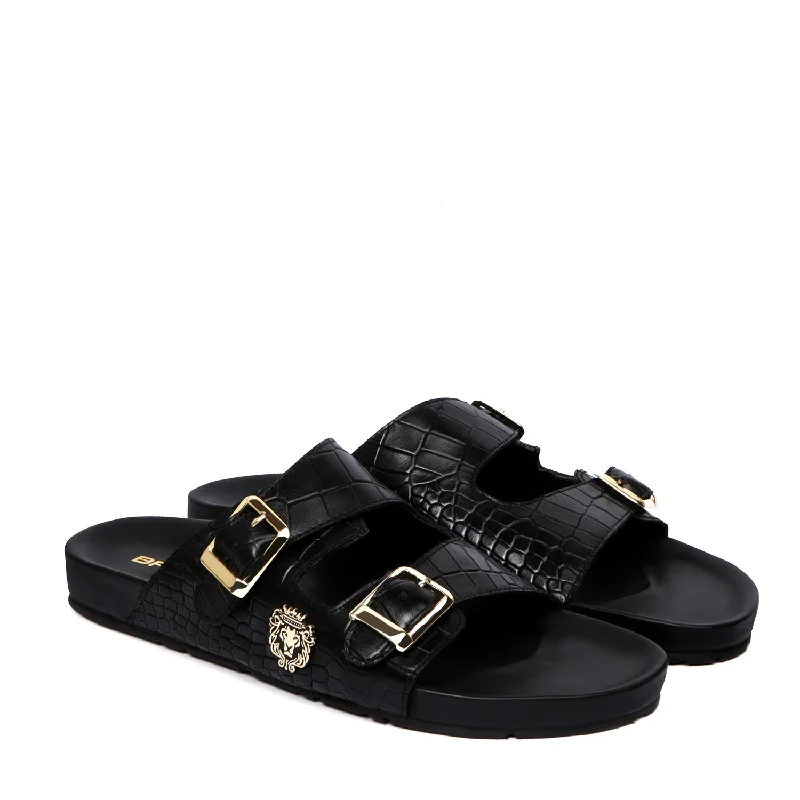 Soft Texture Adjustable Buckle Slide-in Slippers in Black Croco Textured Leather
