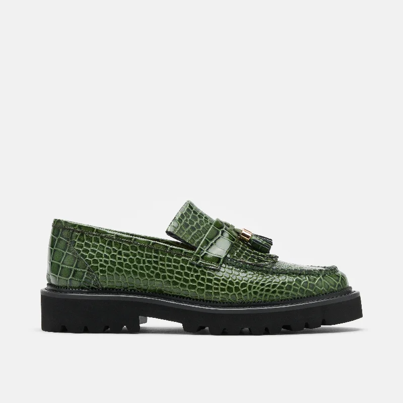 Street Style Journey Green Croc Leather Lug Tassel Loafer