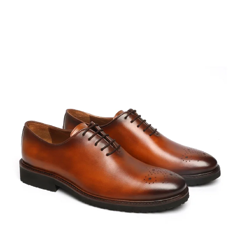 Minimal Statement Light Weight Tan Leather Shoes Whole Cut/One Piece Medallion Toe Oxford Lace-Up By Brune & Bareskin