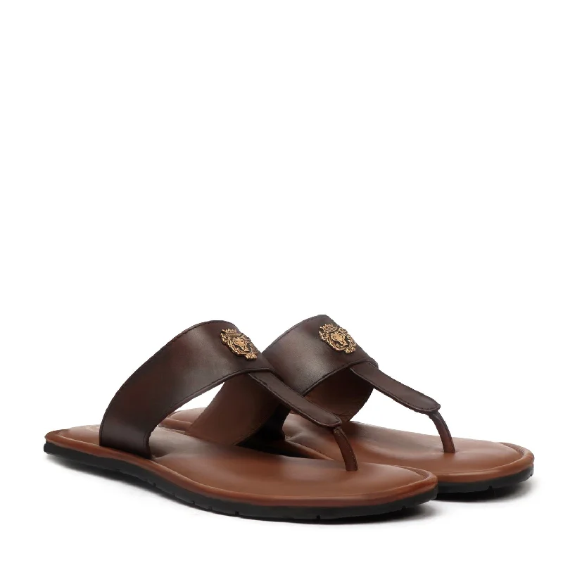 Runway Ready T-Strap Leather Slide-in Slippers with Tan-Brown Strap