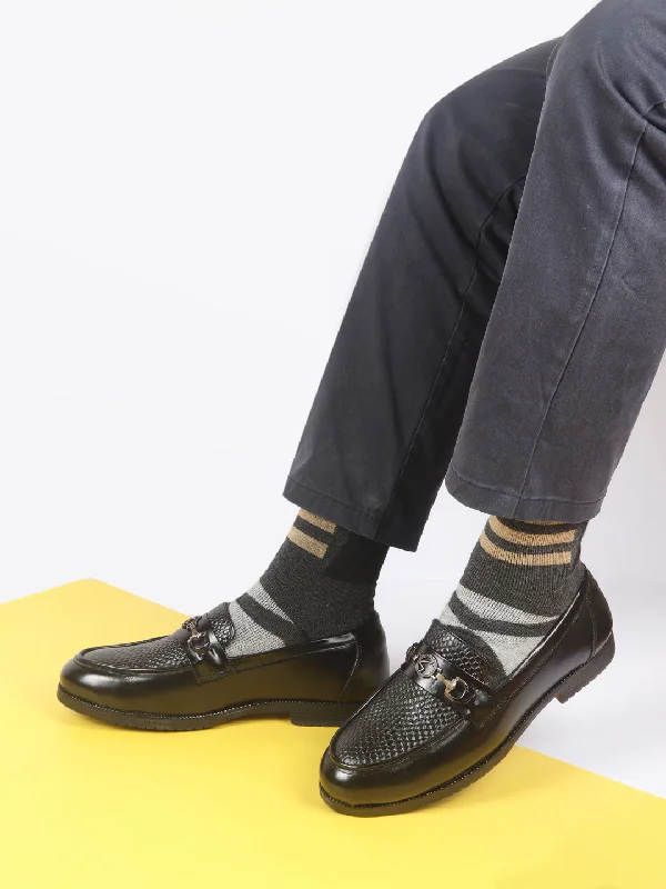 Refined Details Men Black Wedding Party Embossed Design Genuine Leather Buckle Slip On Loafer Shoes